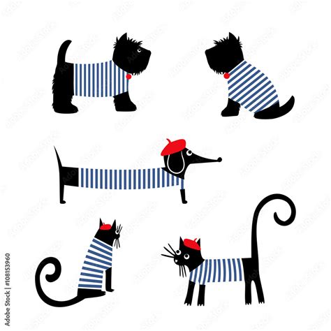 French style animals set. Cute cartoon parisian dachshund, cat and ...