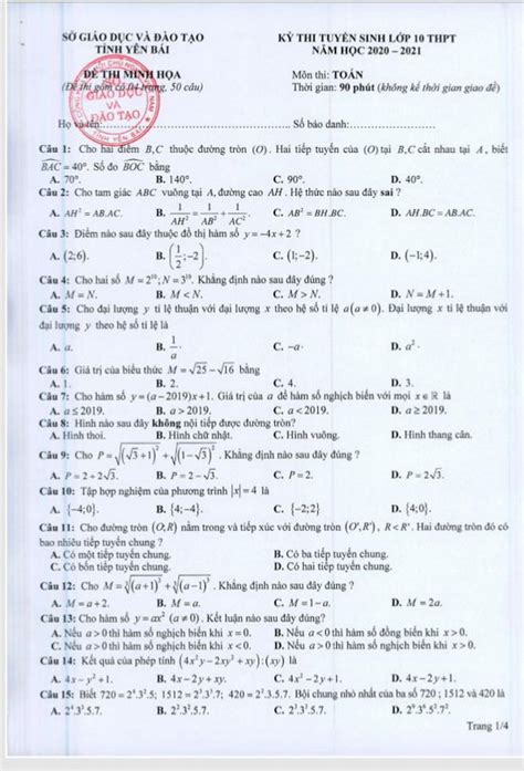 Đề Minh Họa Môn Toán Kì Thi Vào Lớp 10 Năm Học 2020 2021 50 Câu Trắc Nghiệm Toán Học Việt Nam