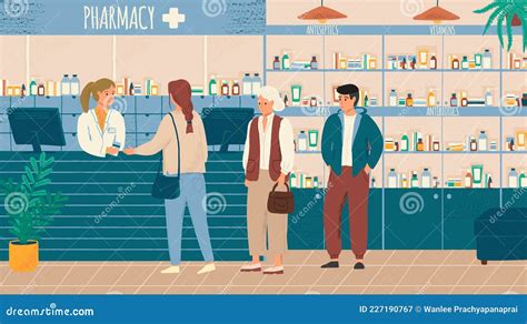 People In Queue Buying Drugs In Pharmacy Store Vector Illustration