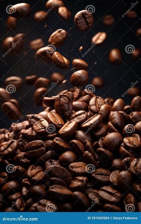 Roasted Coffee Bean Falling In The Air Against Dark Background