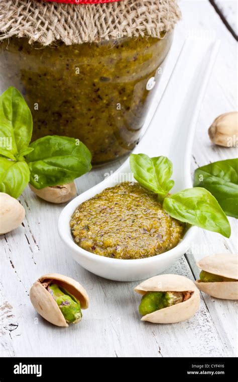 Sicilian Pistachio Pesto Sauce With Basil And Olive Oil Stock Photo Alamy