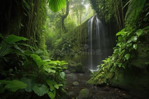 Majestic Waterfall Cascading Into Lush Jungle Canopy Stock Illustration