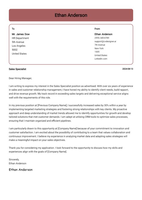 Sales Specialist Cover Letter Example For Free Templates