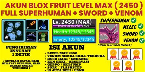 Beli Akun Akun Blox Fruit Level Max Fruit Venom Sudah Terbuka Semua