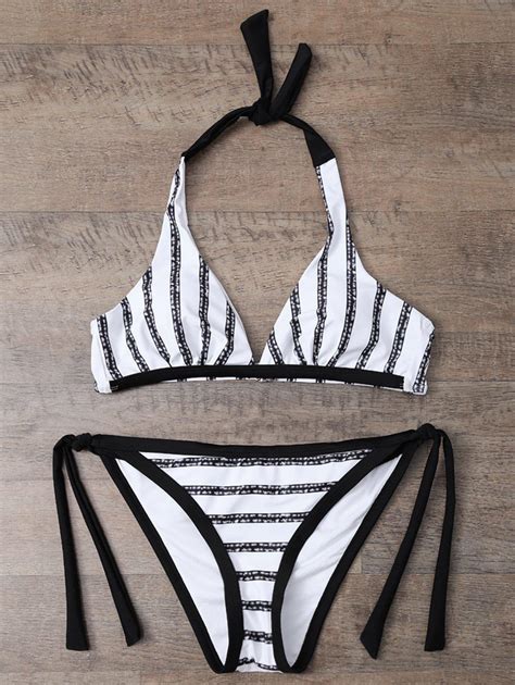 Off Halter Striped Tie Side Bikini In White And Black Zaful