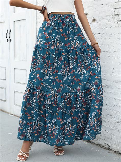 Floral Print Tiered Maxi Skirt Random Print High Waist Skirt Womens