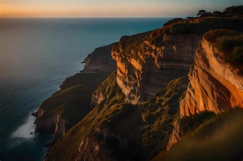 Premium Photo | A sunset view of a cliff with a cliff in the background.