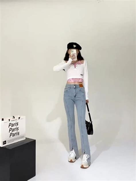 HOT กางเกงยนสขาบานไมโครยดเอวสงผหญง กางเกงเกอกมาทรงสลม