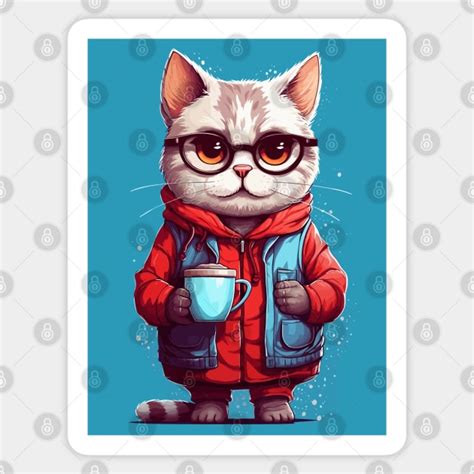 Cute Cat Drinking Coffee - Cartoon Illustration - Cat Coffee - Sticker ...