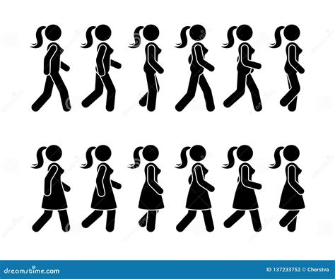 Stick Figure Walking Woman Vector Icon Pictogram Group Of Females