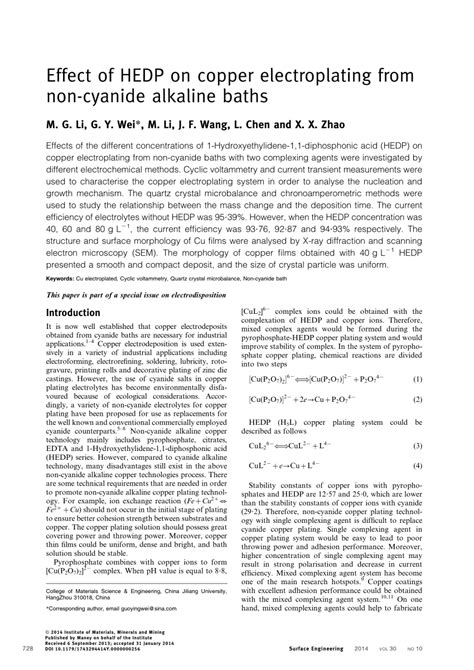 Pdf Effect Of Hedp On Copper Electroplating From Non Cyanide Alkaline