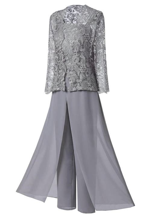 Grey Three Piece Mother Of The Bride Pant Suits Features Lace Top With