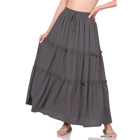 Zenana Women And Plus Boho Elastic Drawstring Waist Tiered Ruffle A Line Woven Maxi Skirt