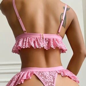 Romantic Pink Floral Lace Ruffle Lingerie Set Etsy