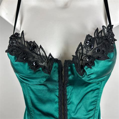 Vtg S Green Satin Black Lace Bustier Lingerie Corse Gem