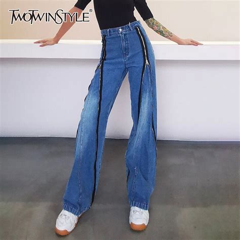 TWOTWINSTYLE Casual Patchwork Zipper Jeans For Women High Waist