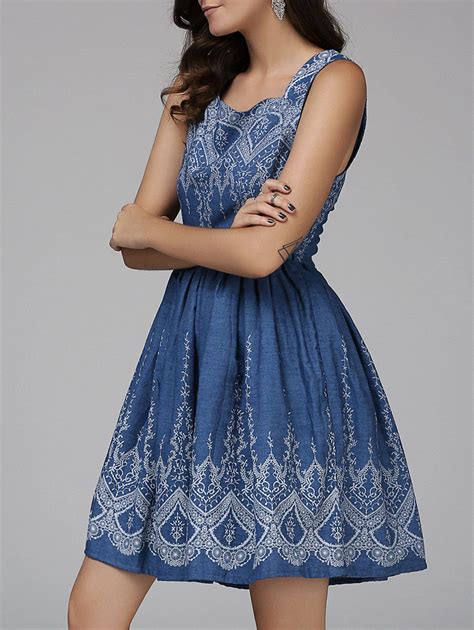 Stylish Sleeveless Floral Pattern Womens Denim Dress Womens Denim