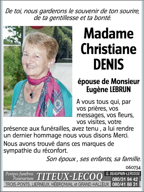 Avis De Décès De Christiane Denis Décédé Le 12 11 2023 à Liège