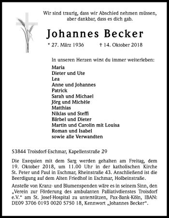 Traueranzeigen Von Johannes Becker WirTrauern