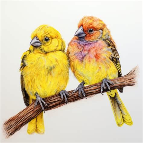 Vibrant Color Pencil Drawings Of Birds On A Branch Hyperrealistic