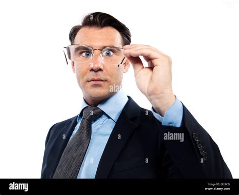 Man Businessman Nearsighted Squinting Holding Glasses Isolated Studio