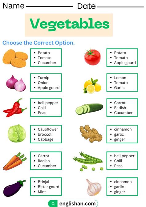 Vegetables Worksheets Choose The Correct Vegetable Vegetables English Worksheets For