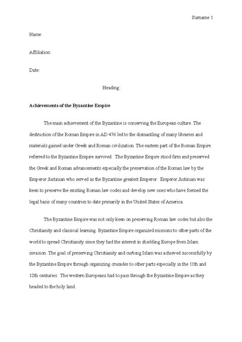 Achievements of the Byzantine Empire - Surname 1 Name: Affiliation