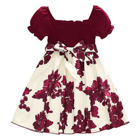 URMAGIC Girls Summer Dress Kids Floral Square Neck Puff Sleeve Bow ...