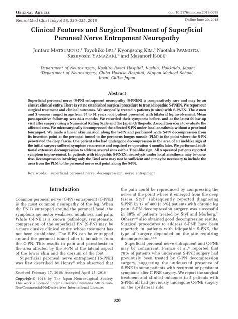 (PDF) Clinical Features and Surgical Treatment of Superficial Peroneal Nerve Entrapment Neuropathy