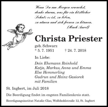 Traueranzeigen Von Christa Priester Saarbruecker Zeitung Trauer De