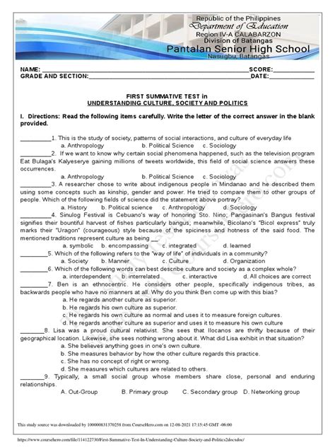 First Summative Test In Understanding Culture Society And Politics2 Pdf Science