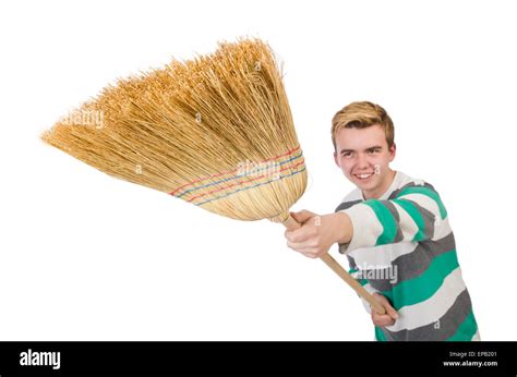 Funny Man With Mop Isolated On White Stock Photo Alamy