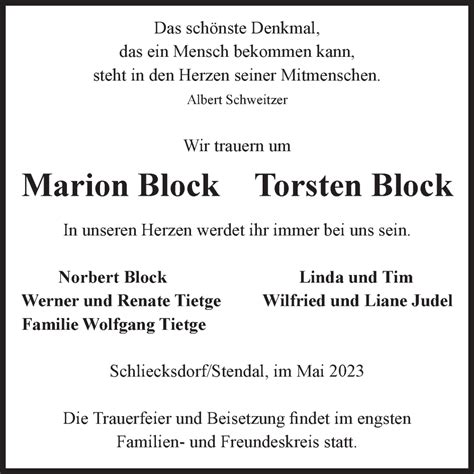 Traueranzeigen Von Marion Und Torsten Block Abschied Nehmen De