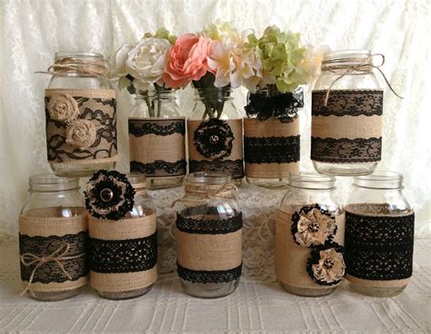 10x Rustic Burlap And Black Lace Covered Mason Jar Vases Wedding