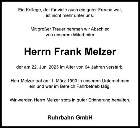 Traueranzeigen Von Frank Melzer Trauer In NRW De