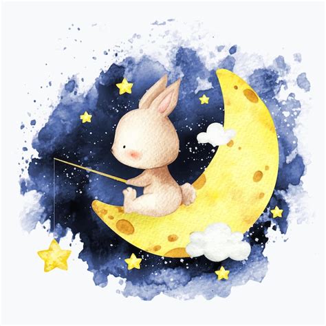 Lapin Aquarelle Pêchant Sur La Lune Vecteur Premium