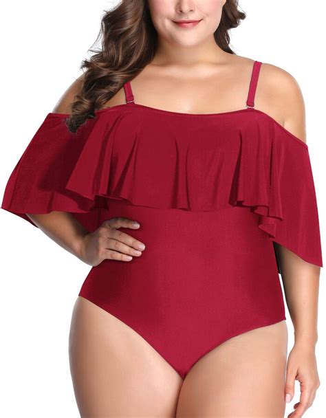 Daci Women Plus Size One Piece Swimsuits Wine Red Off Shoulder Ruffle