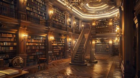 A Grand Library With A Wooden Staircase And Bookshelves Filled With