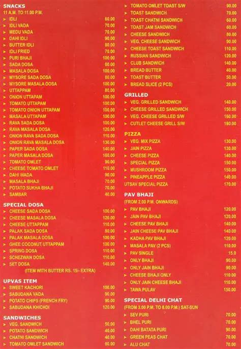 Menu Of Utsav Restaurant Prabhadevi Mumbai