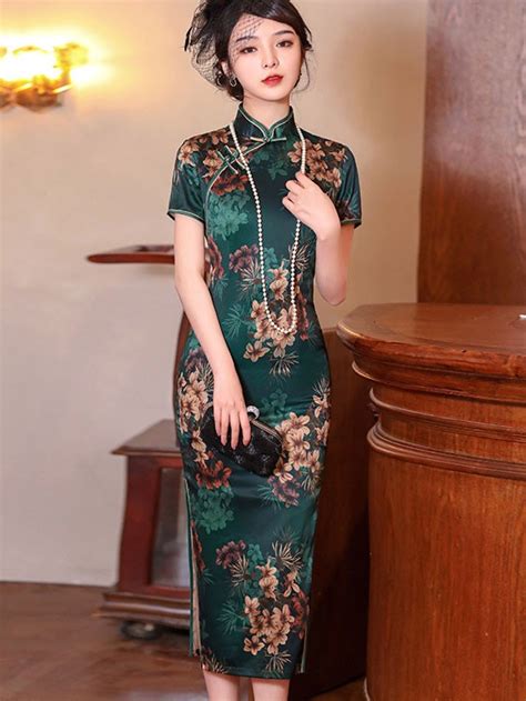 Green Floral Mothers Mid Cheongsam Qipao Dress CozyLadyWear