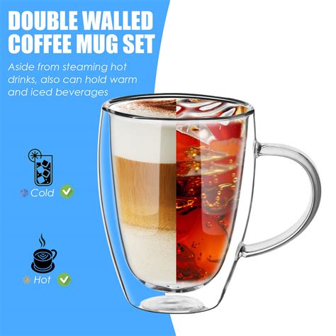 Ulrikco 12oz Double Walled Glass Coffee Mugs With Handle Clear Cappuccino Glass Mug Set Of 4