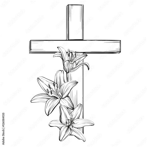 Cross And Floral Blooming Lilies A Symbol Of Christianity Hand Drawn