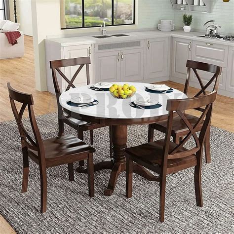 Vikra Solid Wood Round Dining Table Set With Marble Top Seater At