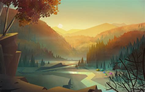 Download Vector Art Sunset And River View Wallpaper | Wallpapers.com