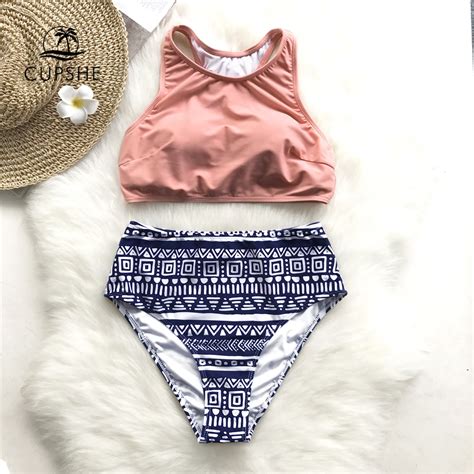 Cupshe Pink Solid Tank Bikini Set Women High Waisted Geometric Two