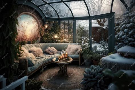 Premium AI Image | Winter garden in suburban house with sunken sofa and flower beds cozy backyard