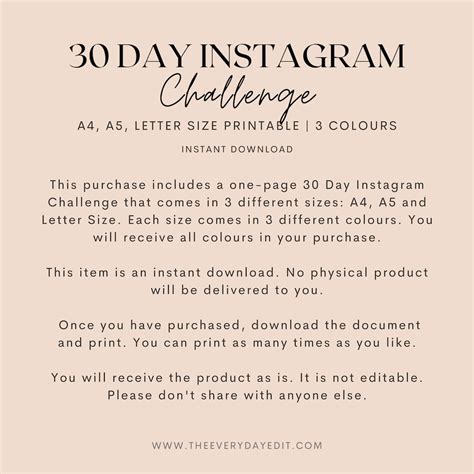 30 Day Instagram Challenge Printable Instagram Content Ideas