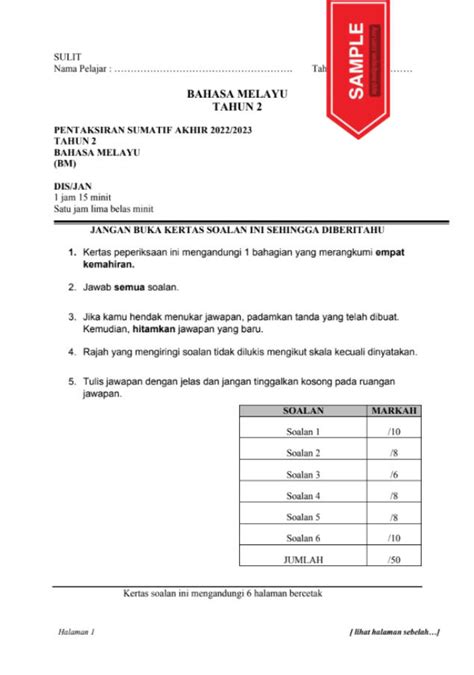 1 SET KERTAS PENTAKSIRAN SUMATIF AKHIR 2022 2023 BAHASA MELAYU SJK