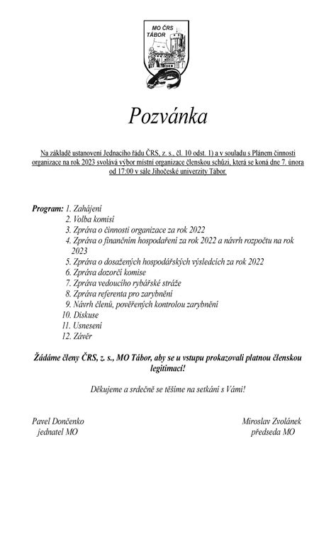 Pozvánka na členskou schůzi ČRS z s místní organizace Tábor RYBÁŘI