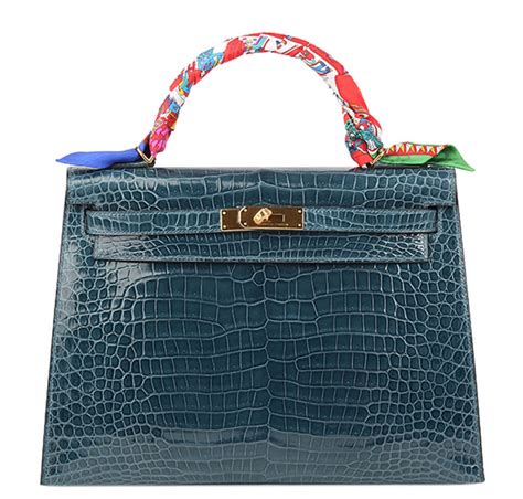 Hermès Kelly 32 Bag Blue Roi Porosus Crocodile - Gold Hardware | Baghunter